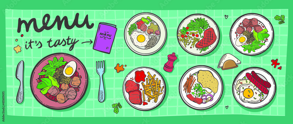 Food in a bowl. great set for breakfast, lunch and dinner. Hand drawn. Food in a bowl. great set for breakfast, lunch and dinner. Hand drawn.