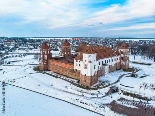 Mir Castle in Belarus. Winter aerial view. Drone shot