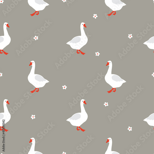 Seamless cartoon geese pattern. Cute goose simple print in flat style. Vector illustration