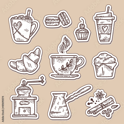 Coffee Stickers set. Hand drawn coffee collection. Vector sketch illustration set with cup, cezve, spices, coffee grinder, croissant and other desserts. Menu design for cafe and restaurant