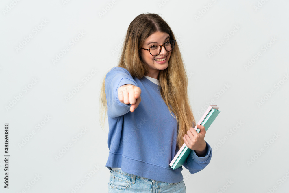 Young blonde student woman isolated on white background pointing front with happy expression Young blonde student woman isolated on white background pointing front with happy expression