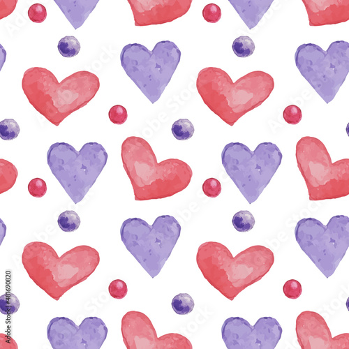 Cute red and purple hearts. Watercolor illustration. Seamless pattern. Valentine's Day. Can be used for wallpaper, fill web page background, surface textures