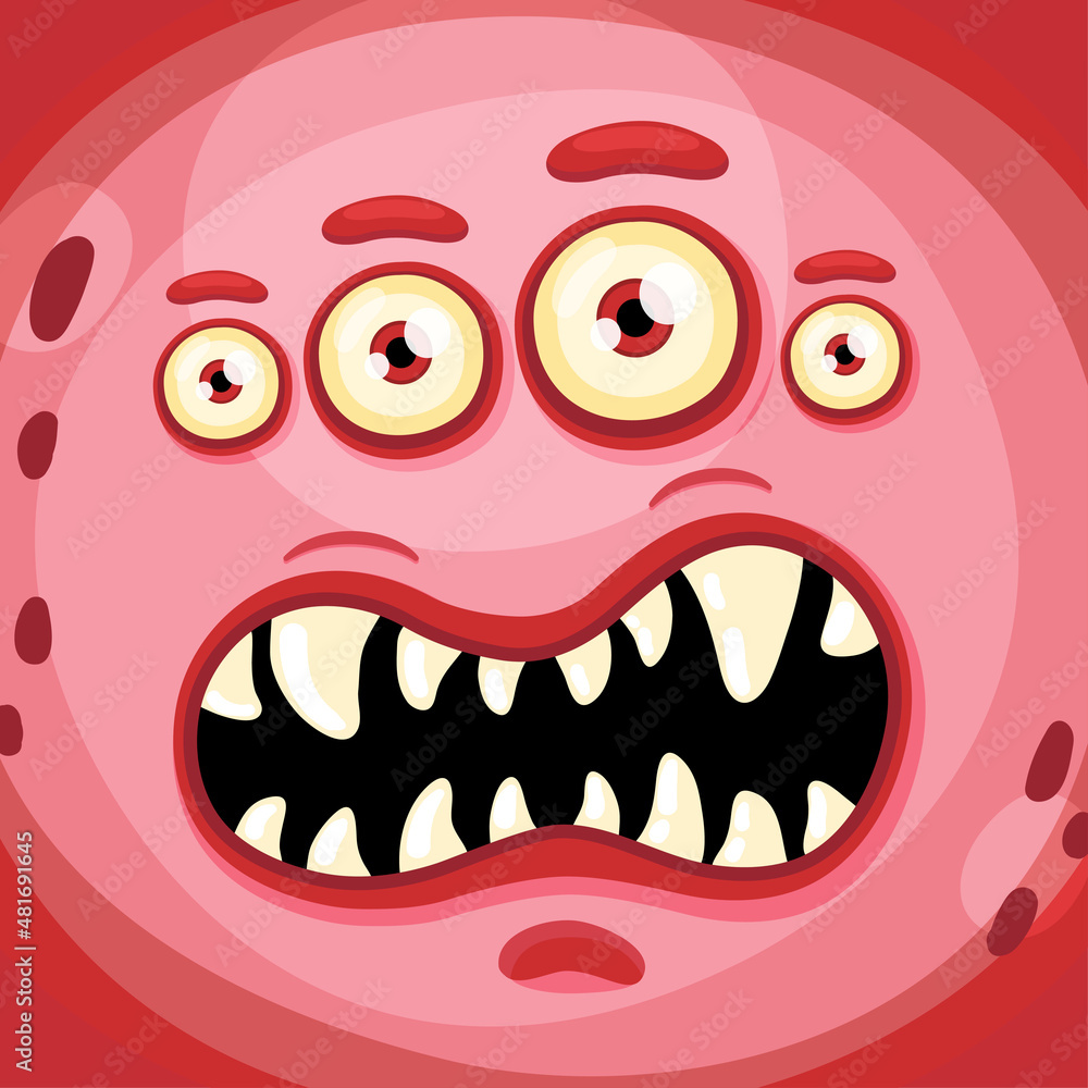 Funny cartoon monster face with crazy eyes. Cheerful face emotions. Illustration of cute, wicked mythical alien creature expression. Halloween party design for kids. Vector isolated Funny cartoon monster face with crazy eyes. Cheerful face emotions. Illustration of cute, wicked mythical alien creature expression. Halloween party design for kids. Vector isolated