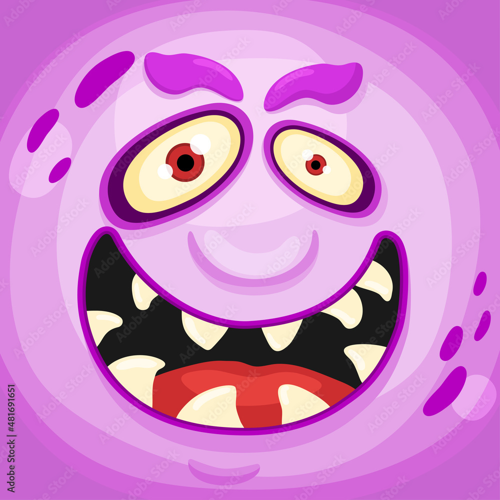 Funny cartoon monster face with crazy eyes. Cheerful face emotions. Illustration of cute, wicked mythical alien creature expression. Halloween party design for kids. Vector isolated Funny cartoon monster face with crazy eyes. Cheerful face emotions. Illustration of cute, wicked mythical alien creature expression. Halloween party design for kids. Vector isolated
