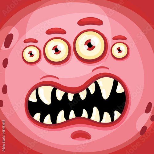 Funny cartoon monster face with crazy eyes. Cheerful face emotions. Illustration of cute, wicked mythical alien creature expression. Halloween party design for kids. Vector isolated