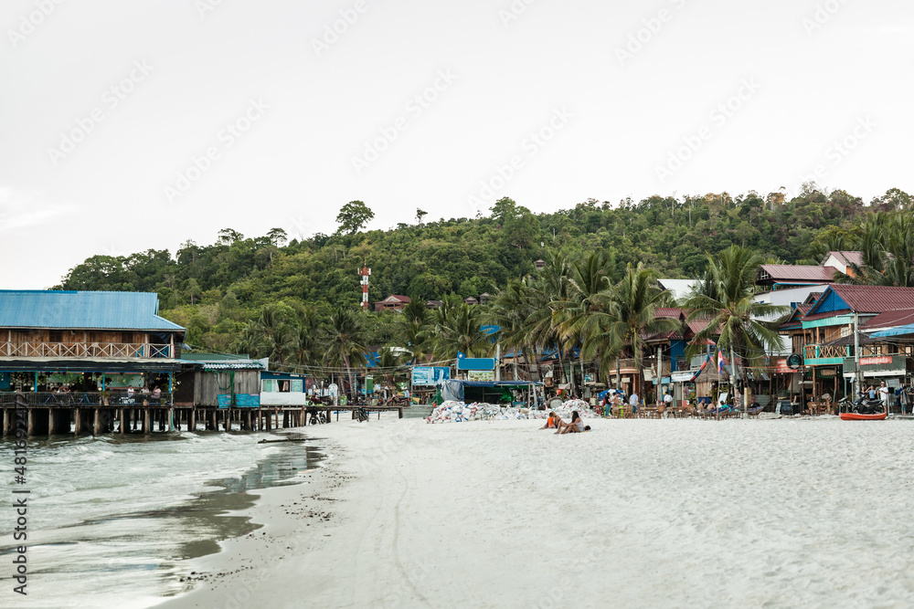 Seaside town in beautiful beach with white sand in Kaoh Touch beach, Koh Rong island, Cambodia