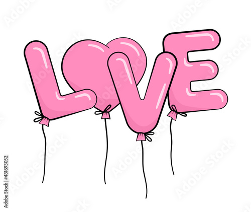 The word LOVE made of balloons in the shape of letters and heart. Valentine's day. Vector photo