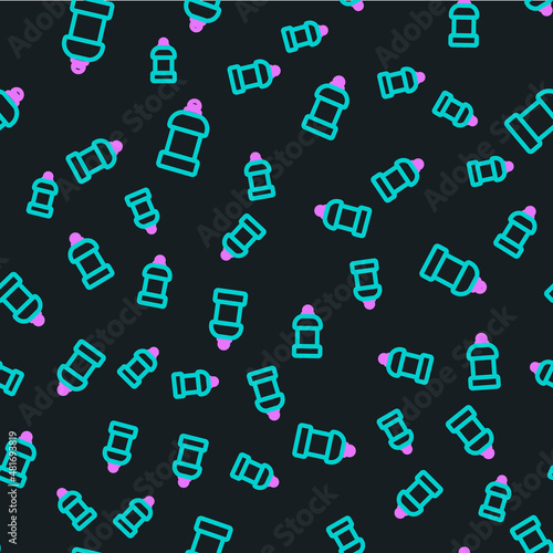 Line Plastic bottle for laundry detergent, bleach, dishwashing liquid or another cleaning agent icon isolated seamless pattern on black background. Vector