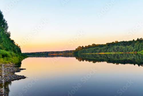 calm vyatka river at dawn on a summer morning