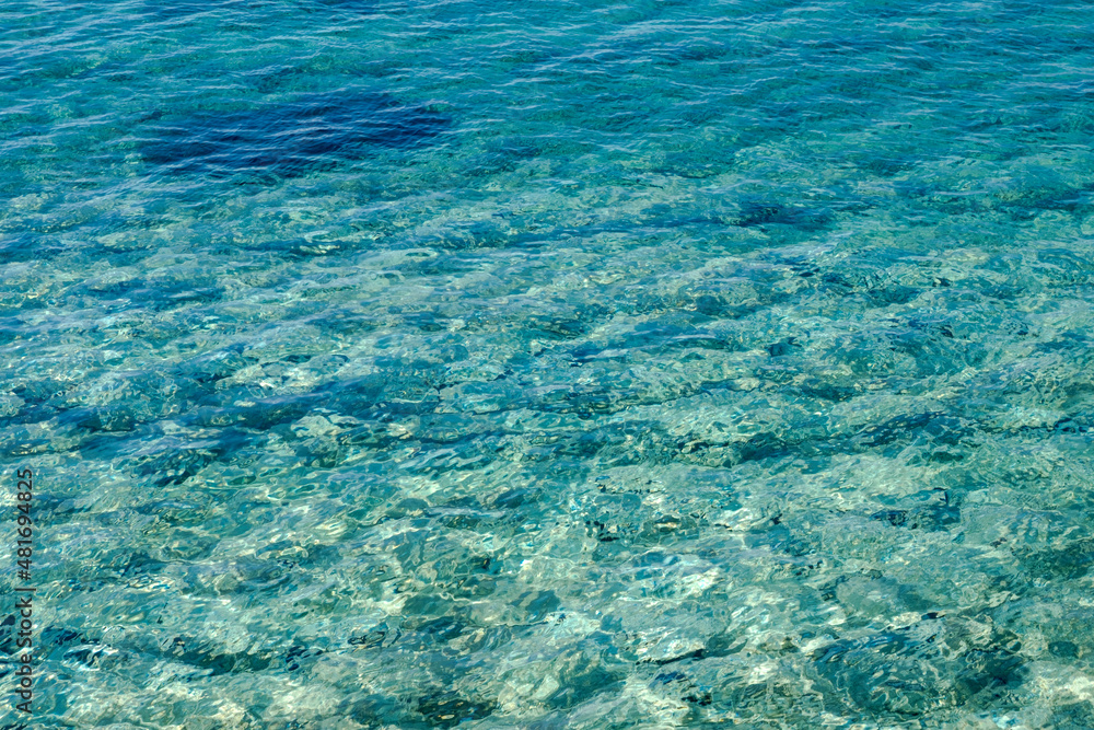 Clear blue-green waters in shallow sea  with small waves. Concept of calm, cool, relaxing. Cold background, taken in Koufonisia island, Greece
