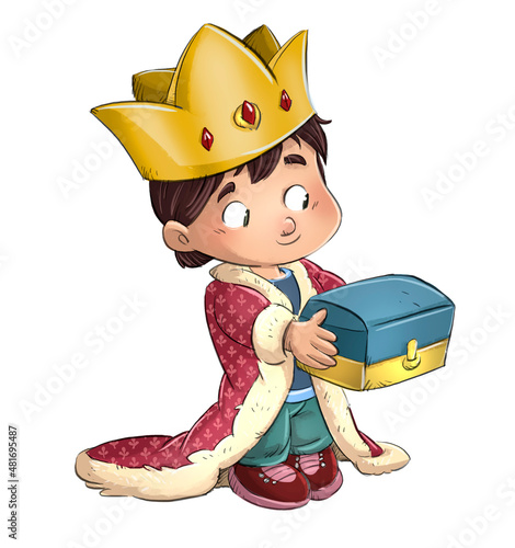 Illustration of a boy dressed as a king with a treasure chest