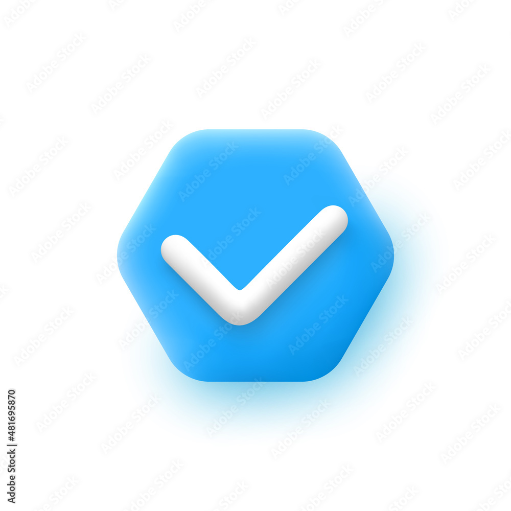 Check mark hexagonal icon in 3d cartoon style. Vector illustration. Check mark hexagonal icon in 3d cartoon style. Vector illustration.