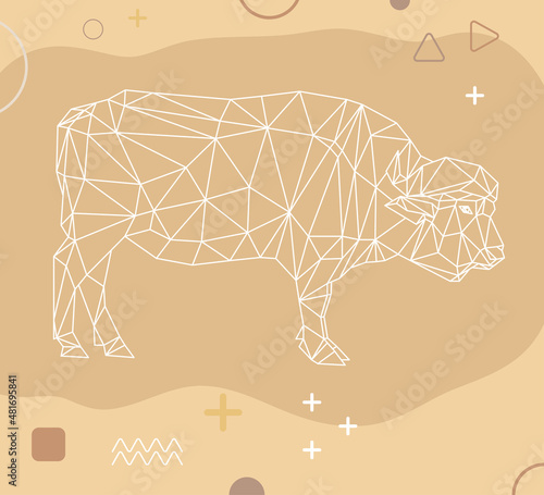 Abstract stylized bull in low polygonal style on beige background with Memphis elements. Geometric bison. Used for posters, brochures, postcards, covers and banners. Stock vector illustration.