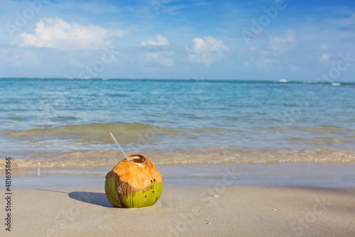 Cocktail in coconut on caribbean beach.Travel background.