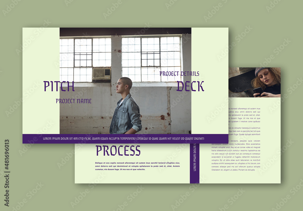 Pitch Deck with Purple and Green Accents Stock Template | Adobe Stock