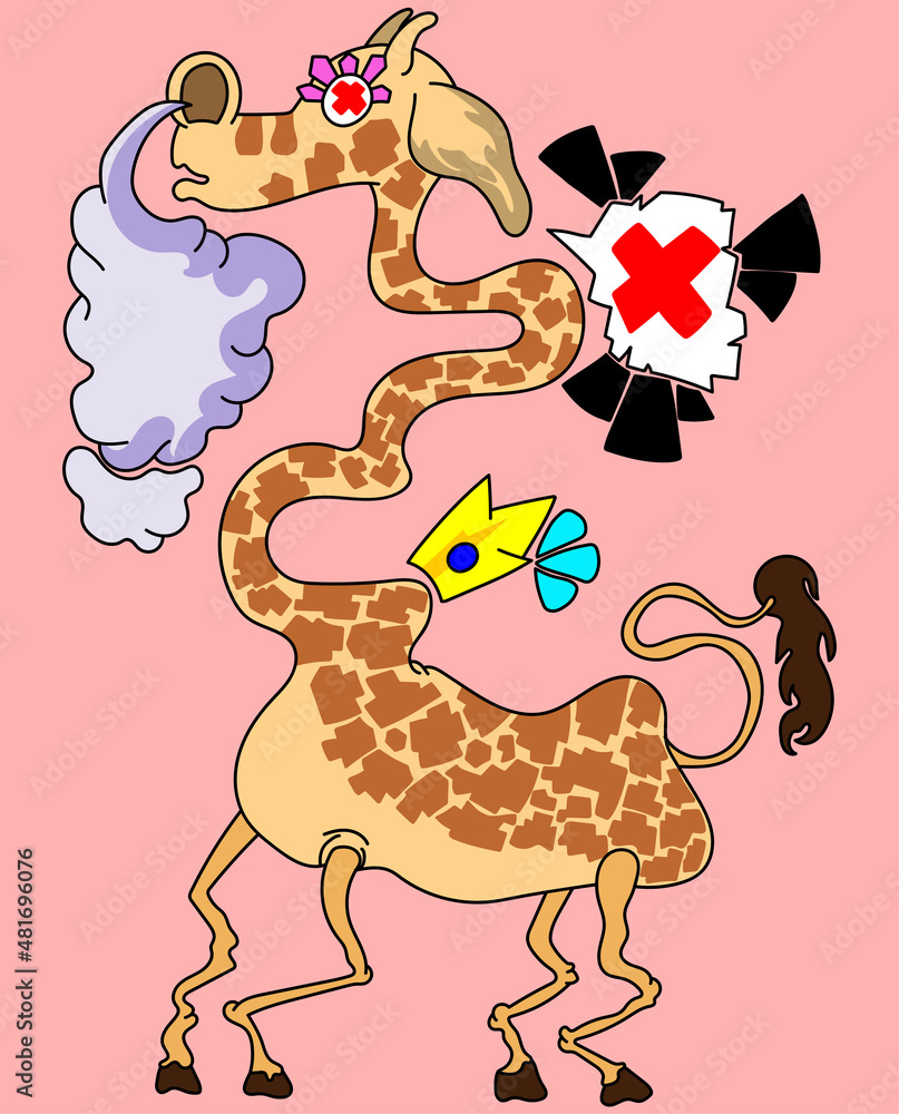 Obraz premium cartoon giraffe with curly neck and smokey nose