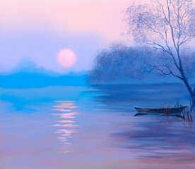 Canvas schilderij Blauw Bootje op rivier bij zonsondergang  © liniy