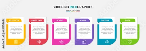 Concept of shopping process with 6 successive steps. Six colorful graphic elements. Timeline design for brochure, presentation, web site. Infographic design layout.