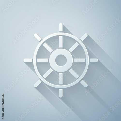 Paper cut Ship steering wheel icon isolated on grey background. Paper art style. Vector Illustration