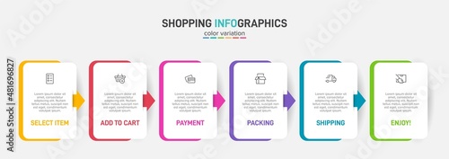 Concept of shopping process with 6 successive steps. Six colorful graphic elements. Timeline design for brochure, presentation, web site. Infographic design layout.