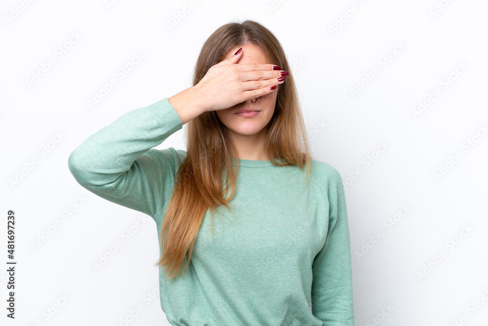 Young caucasian woman isolated on white background covering eyes by hands. Do not want to see something Young caucasian woman isolated on white background covering eyes by hands. Do not want to see something