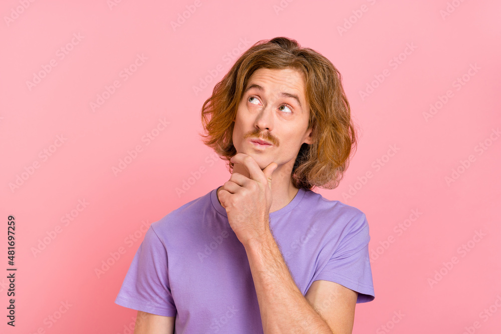 Portrait of attractive bewildered guy making decision question copy space guess isolated over pink pastel color background Portrait of attractive bewildered guy making decision question copy space guess isolated over pink pastel color background