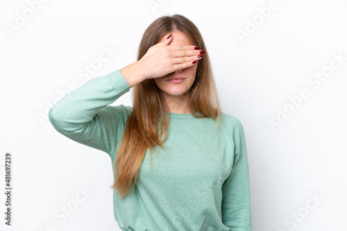 Young caucasian woman isolated on white background covering eyes by hands. Do not want to see something