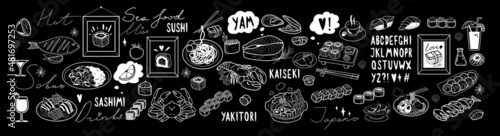 big set of sea food and japan restaurant foods items and words, english handmade font alphabet, decorations for chalk board public catering for your design, drawings of sushi, drinks, plates, foods.