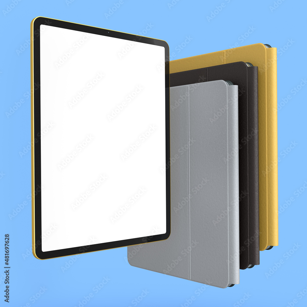 Set of computer tablets with cover case and blank screen isolated on blue. Set of computer tablets with cover case and blank screen isolated on blue.