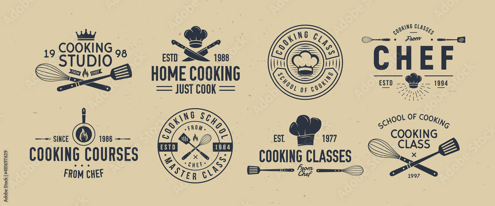 Cooking Class logo set. 8 Cooking Courses emblems templates. Logo, poster set for food studio, culinary school. Vector illustration