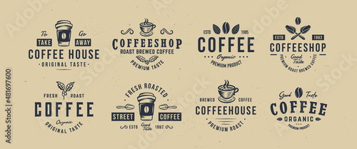 Coffee logo set. 8 coffee emblems. Trendy hipster design for cafe, restaurant. Logo with Coffee Beans, mug, cup. Vector illustration