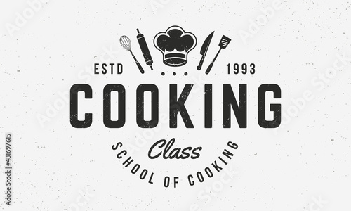 Cooking Class logo. Cooking emblem with chef hat, knife, whisk and rolling pin. Trendy poster design. Vector illustration