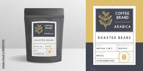 Coffee paper zip package mockup. Vintage trendy label, sticker template. Coffee bag design. Package mockup template for logo, brand, sticker, label. Vector illustration