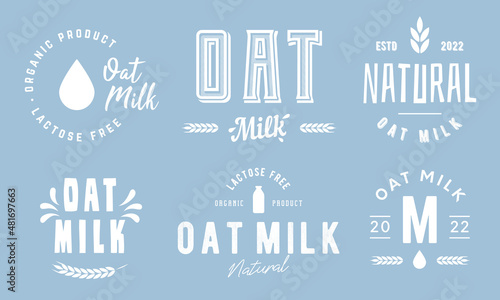 Oat Milk products labels, emblems and logos. Oat milk logo set with wheat icon, milk drop, bottle. Trendy vintage design. Vector illustration