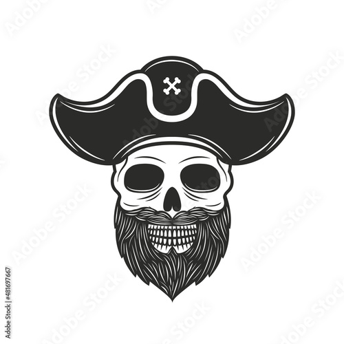 Pirate’s skull with pirate hat and beard isolated on white background. Pirate logo, emblem. Vector illustration