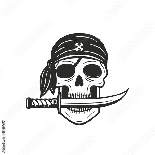 Pirate skull with bandana and knife. Pirate logo. Vector illustration