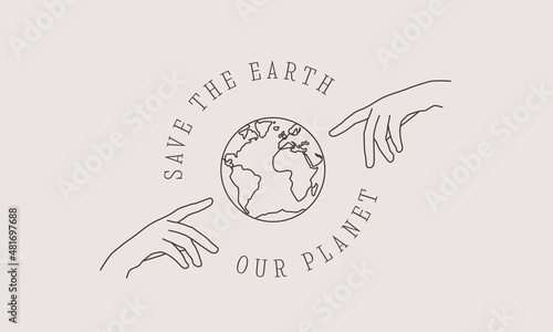 Sustainable environment logo concept. Trendy Ecology poster with earth and human hands. Modern design poster.  Vector illustration
