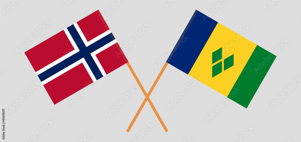 Crossed flags of Norway and Saint Vincent and the Grenadines. Official colors. Correct proportion