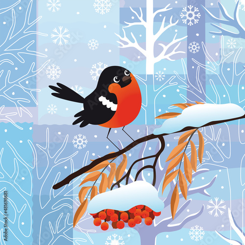Stylized winter landscape with a bullfinch on a branch with a bunch of rowan