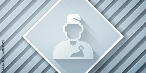 Paper cut Wizard warlock icon isolated on grey background. Paper art style. Vector