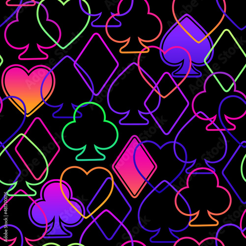 Seamless illustration of bright multicolored icons of different card suits