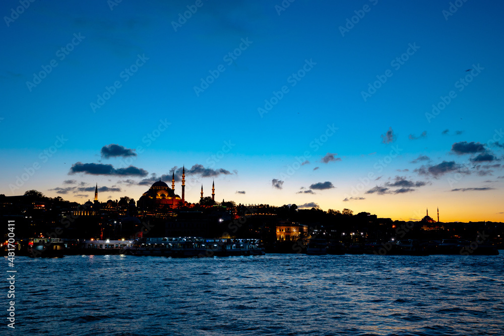 Ramadan in Istanbul. Silhouette of cityscape of Istanbul at sunset