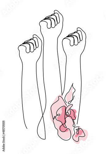 Girl power Raised Up fist with pink flowers. Women freedom and unite. Feminist vector in one line art for International Women day