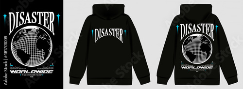 Modern poster with text "Disaster". In Techno style, stylish print for streetwear, print for t-shirts and hoodies, isolated on black background