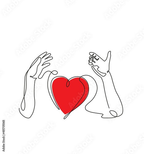 Hands Holding Heart. Continuous line drawing style. Vector illustration.