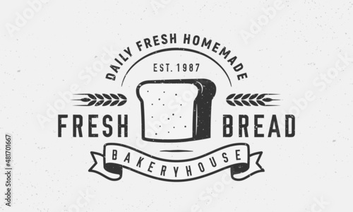 Fresh Bread, Bakery logo. Bakery trendy logo with tost bread and ribbon banner. Bakery product logo. Craft grunge texture. Vector emblem template.