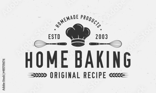 Home baking vintage logo. Bakery poster, logo template. Chef's hat silhouette. Bakery hipster logo design. Vintage typography. Home baking logo, label, stamp, poster. Vector illustration