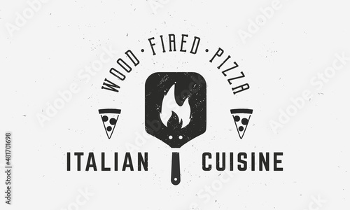 Italian Restaurant logo, poster. Italian Cuisine. Pizza emblem with oven, pizza slice and fire flame. Vintage poster, logo for restaurant, menu design.