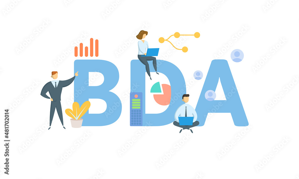 BDA, Big Data Analysis. Concept with keyword, people and icons. Flat vector illustration. Isolated on white. BDA, Big Data Analysis. Concept with keyword, people and icons. Flat vector illustration. Isolated on white.