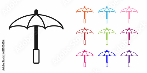 Black Sun protective umbrella for beach icon isolated on white background. Large parasol for outdoor space. Beach umbrella. Set icons colorful. Vector